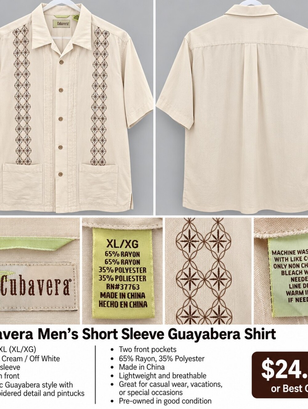 Cubavera Cream Short-Sleeve Guayabera with Brown Embroidery